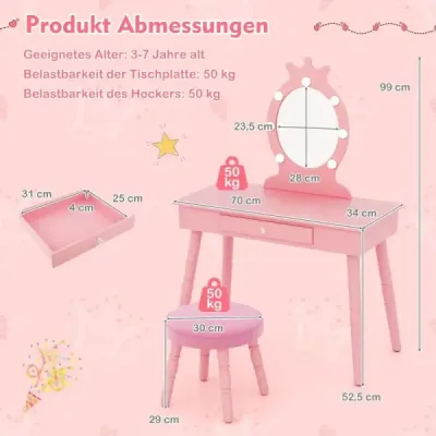 Dětský toaletní stolek s osvětlením 2v1 Princess toaletní stolek s odnímatelným zrcadlově růžovým