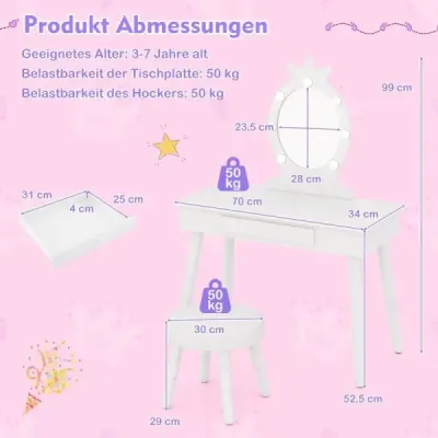 Dětský toaletní stolek s osvětlením 2v1 Princess toaletní stolek s odnímatelným zrcadlem bílý Dětský toaletní stolek s osvětlením 2v1 Princess toaletní stolek s odnímatelným zrcadlem bílý