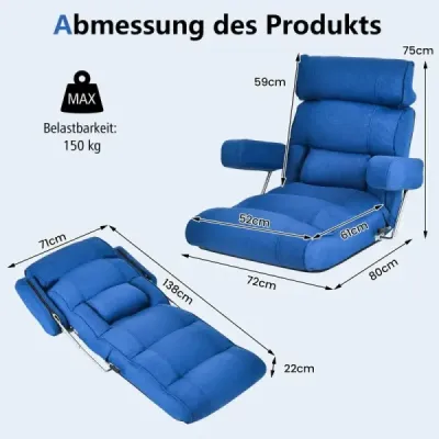 Bodenstuhl klappbares Bondensofa mit verstellbarer Rückenlehne 80 x 72 x 75 cm Blau