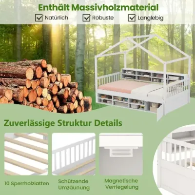Domácí postel 200 x 90 cm dětská postel ve tvaru domečku s ochranou proti pádu a lamelovým roštem se 14 přihrádkami bílá