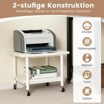 Tiskařský stůl se 2 úrovněmi a uzamykatelnými kolečky Stojan na tiskárnu Tiskařský vozík Bílá barva