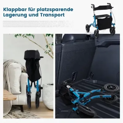 Rollator skládací a lehký se sedadlem hliníkový do 160 kg 2 v 1 invalidní vozík a cestovní rollator modrý