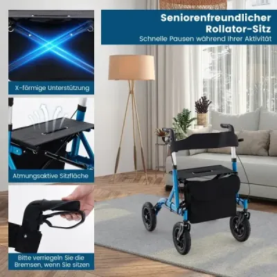 Rollator skládací a lehký se sedadlem hliníkový do 160 kg 2 v 1 invalidní vozík a cestovní rollator modrý