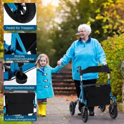 Rollator skládací a lehký se sedadlem hliníkový do 160 kg 2 v 1 invalidní vozík a cestovní rollator modrý
