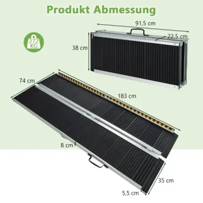183 x 74 cm Rampa pro vozíčkáře Přenosná a protiskluzová skládací rampa s nosností až 272 kg Hliníková