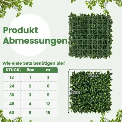 12 kusů Umělý živý plot Rostlinná stěna 50,5 x 50,5 cm Simulovaný trávník Umělá rostlina Zelená