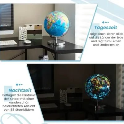 Ø 23 cm osvětlený globus s kovovým podstavcem a světlem a anglickou zeměpisnou mapou a mapou souhvězdí