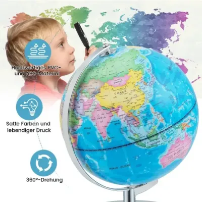 Ø 23 cm osvětlený globus s kovovým podstavcem a světlem a anglickou zeměpisnou mapou a mapou souhvězdí
