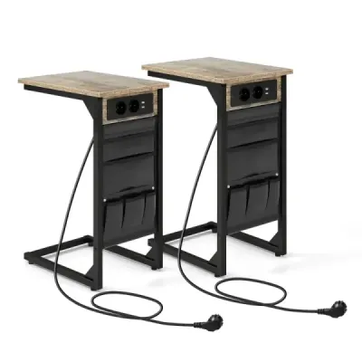 Sada 2 postranních stolků ve tvaru písmene C s nabíjecí stanicí a porty USB a noční stolek s boční kapsou