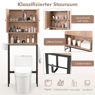 WC skříňka volně stojící WC police se 2 dvířky 2 háčky 63 x 23 x 165,5 cm přírodní dřevo