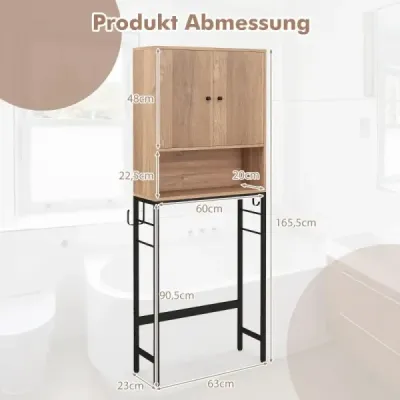 WC skříňka volně stojící WC police se 2 dvířky 2 háčky 63 x 23 x 165,5 cm přírodní dřevo