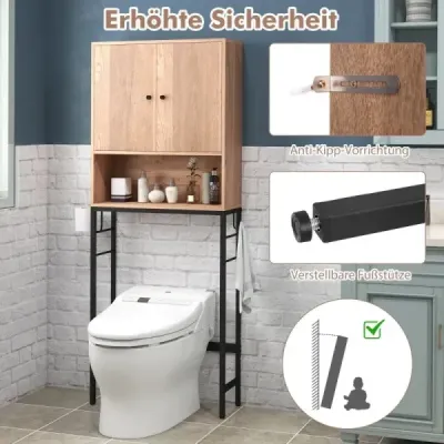 WC skříňka volně stojící WC police se 2 dvířky 2 háčky 63 x 23 x 165,5 cm přírodní dřevo