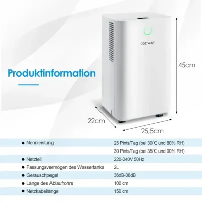 15㎡ Odvlhčovač vzduchu 15L Odvlhčovač vzduchu se 3 režimy Mobilní odvlhčovač vzduchu 25,5 x 22 x 45 cm Bílá barva