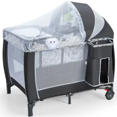 Skládací cestovní postýlka 3 v 1, přebalovací pult a ohrádka s odnímatelnou moskytiérou
