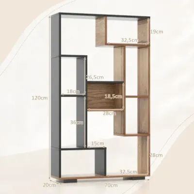120cm regál s 9 přihrádkami Stojící policový rozdělovač místností geometrický černý a dřevěný