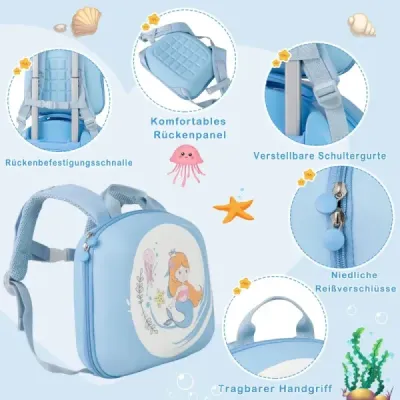 4-dílný dětský kufr + batoh 10"+14" dětský vozík na kolečkách Modrý