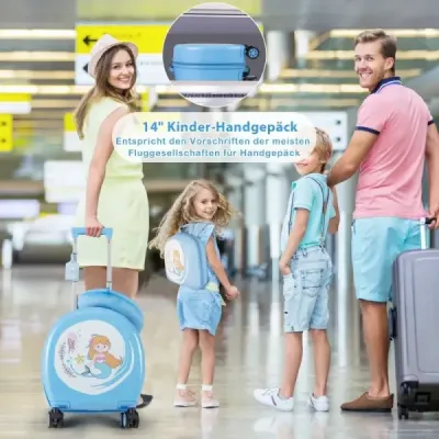 4-dílný dětský kufr + batoh 10"+14" dětský vozík na kolečkách Modrý