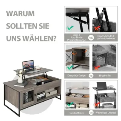 Couchtisch mit Hubplatte Mitteltisch mit Pneumatischer Hebevorrichtung 106 x 55 x 44,5 cm Grau