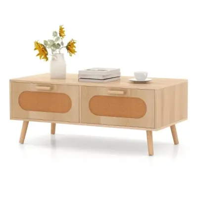 Konferenční stolek ratanový obývací stůl se 2 zásuvkami konferenční stolek 100 x 50 x 41 cm přírodní