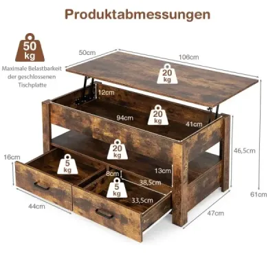 Výškově nastavitelný konferenční stolek se zásuvkami Dřevěný konferenční stolek 106 x 50 x 48 cm Hnědý