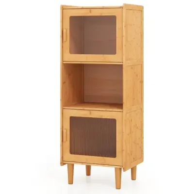 Bambusová kuchyňská skříňka 3-patrová bufetová skříňka se 2 akrylovými dvířky přírodní 49,5 x 40 x 130 cm