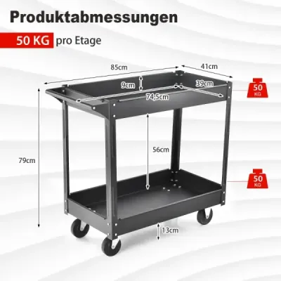 Kovový dílenský vozík se 2 úrovněmi a víceúčelovým vozíkem s rukojetí, černý
