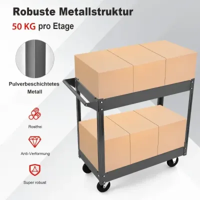 Kovový dílenský vozík se 2 úrovněmi a víceúčelovým vozíkem s rukojetí, černý