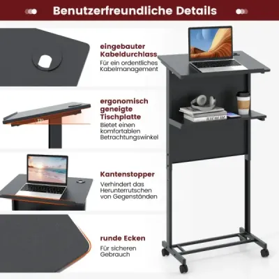 Stůl na stání výškově nastavitelný stůl na stání-sezení s kolečky mobilní stojanový stůl černý