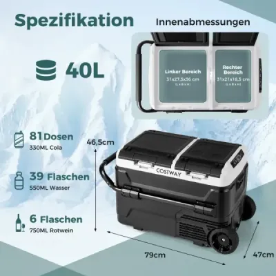 12V autochladnička se 2 chladicími zónami 40L přenosná mraznička s kompresorem (-20℃~20℃)