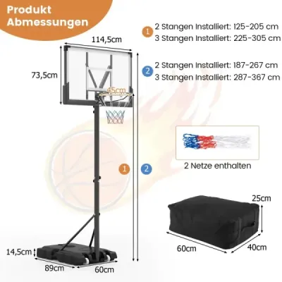 Outdoorový basketbalový koš se stojanem a zátěžovou taškou a basketbalovým stojanem se 2 sítěmi