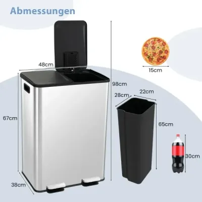 2 x 30 l odpadkový koš se 2 přihrádkami a měkkým zavíracím víkem a 2 deodorizačními přihrádkami stříbrný