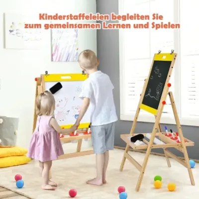 Dětská deska 3v1 skládací Výškově nastavitelná dřevěná deska pro děti 50,5 x 53,5 x 79-104 cm Přírodní + Žlutá
