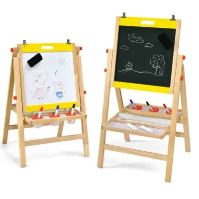 Dětská deska 3v1 skládací Výškově nastavitelná dřevěná deska pro děti 50,5 x 53,5 x 79-104 cm Přírodní + Žlutá