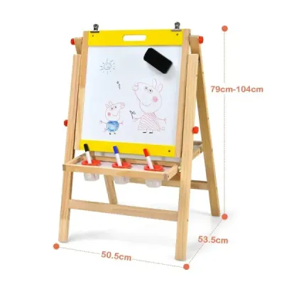 Dětská deska 3v1 skládací Výškově nastavitelná dřevěná deska pro děti 50,5 x 53,5 x 79-104 cm Přírodní + Žlutá