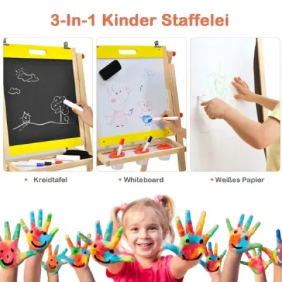 Dětská deska 3v1 skládací Výškově nastavitelná dřevěná deska pro děti 50,5 x 53,5 x 79-104 cm Přírodní + Žlutá