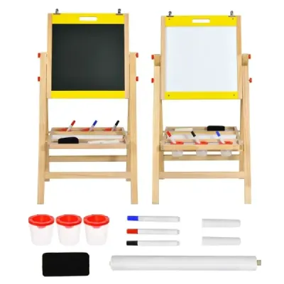 Dětská deska 3v1 skládací Výškově nastavitelná dřevěná deska pro děti 50,5 x 53,5 x 79-104 cm Přírodní + Žlutá