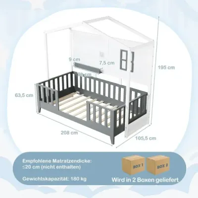 Domácí postel 90 x 200 cm dětská postel s ochranou proti pádu a 2 policemi dřevěná postel ve tvaru domečku s oknem bílá + šedá