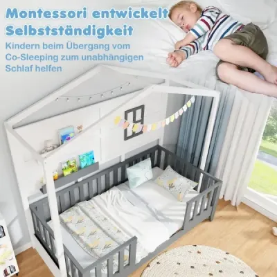 Domácí postel 90 x 200 cm dětská postel s ochranou proti pádu a 2 policemi dřevěná postel ve tvaru domečku s oknem bílá + šedá