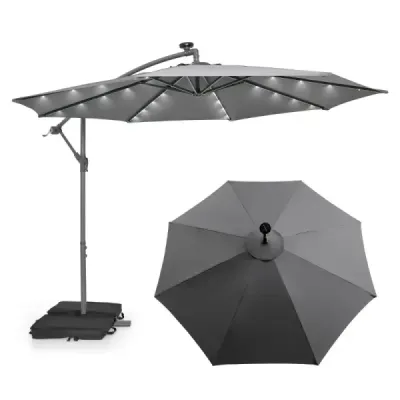 Konzolový slunečník Ø300 cm se 40 solárními LED světly a pytli s pískem a klikou a UV ochranou slunečník šedý