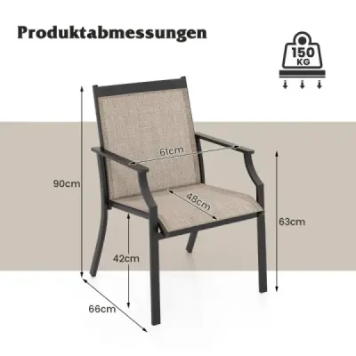 Sada 2 zahradních židlí s prodyšným sedátkem a kovovým rámem s nosností do 150 kg káva