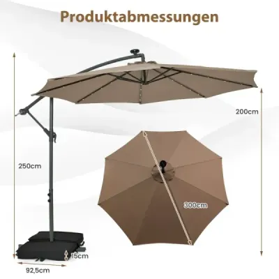Konzolový deštník Ø300 cm se 40 solárními LED světly a pytli s pískem a klikou a slunečníkem s UV ochranou hnědý