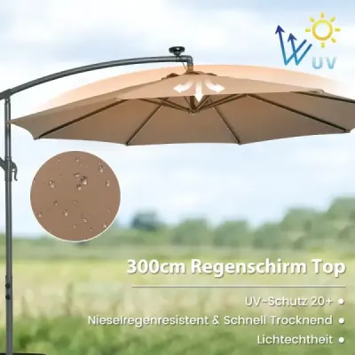 Konzolový deštník Ø300 cm se 40 solárními LED světly a pytli s pískem a klikou a slunečníkem s UV ochranou hnědý