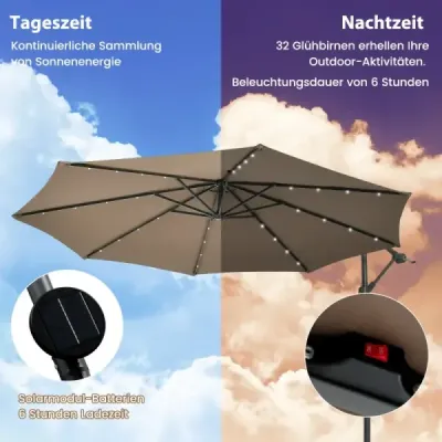 Konzolový deštník Ø300 cm se 40 solárními LED světly a pytli s pískem a klikou a slunečníkem s UV ochranou hnědý
