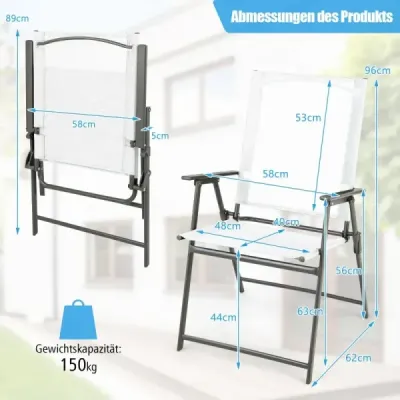 Sada 4 zahradních židlí, skládací židle s tkaninou odolnou proti povětrnostním vlivům, balkonová židle s područkami, bílá