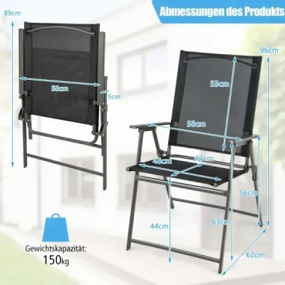 Sada 2 zahradních židlí, skládacích židlí s látkou odolnou proti povětrnostním vlivům, balkonových židlí s područkami, černá