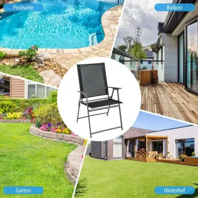Sada 2 zahradních židlí, skládacích židlí s látkou odolnou proti povětrnostním vlivům, balkonových židlí s područkami, černá