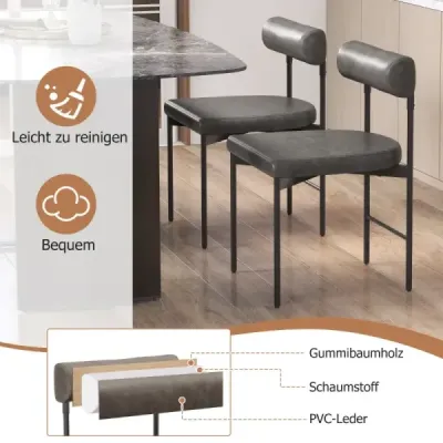 Sada 2 jídelních židlí kuchyňských židlí z PVC kůže s polstrovaným opěradlem šedé barvy