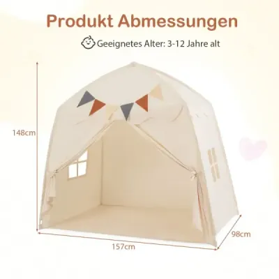Dětský stan na hraní s vlajkami a pohádkovými světly Stan na postel Extra velký stan na hraní Čtenářský koutek Béžová