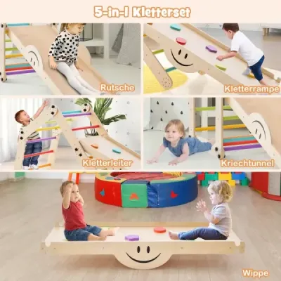 Skládací dřevěné prolézačky s nastavitelnou a oboustrannou montessori lezeckou rampou