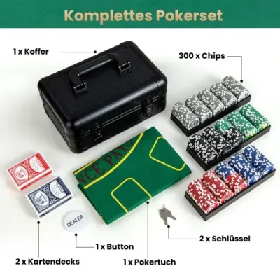 Pokerová sada s 300 laserovými žetony a pouzdrem na poker a 2 hracími kartami a 2 klíči Kompletní sada na poker